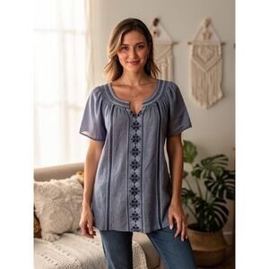 Talbots Blue Embroidered Boho Blouse Talbots Plus X